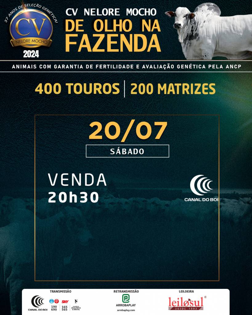 De Olho na Fazenda CV Nelore Mocho hoje às 20h30 no Canal do Boi