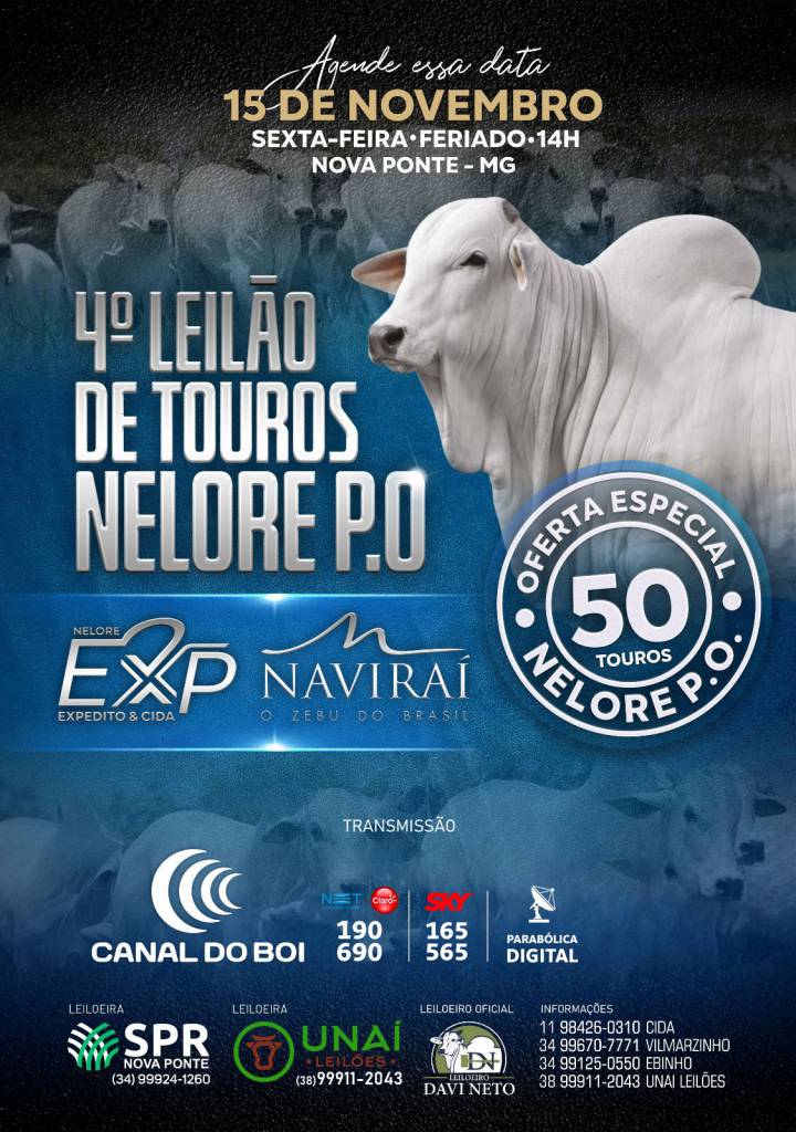 4° Leilão Virtual de Touros Nelore Expedito e Naviraí hoje no Canal do Boi