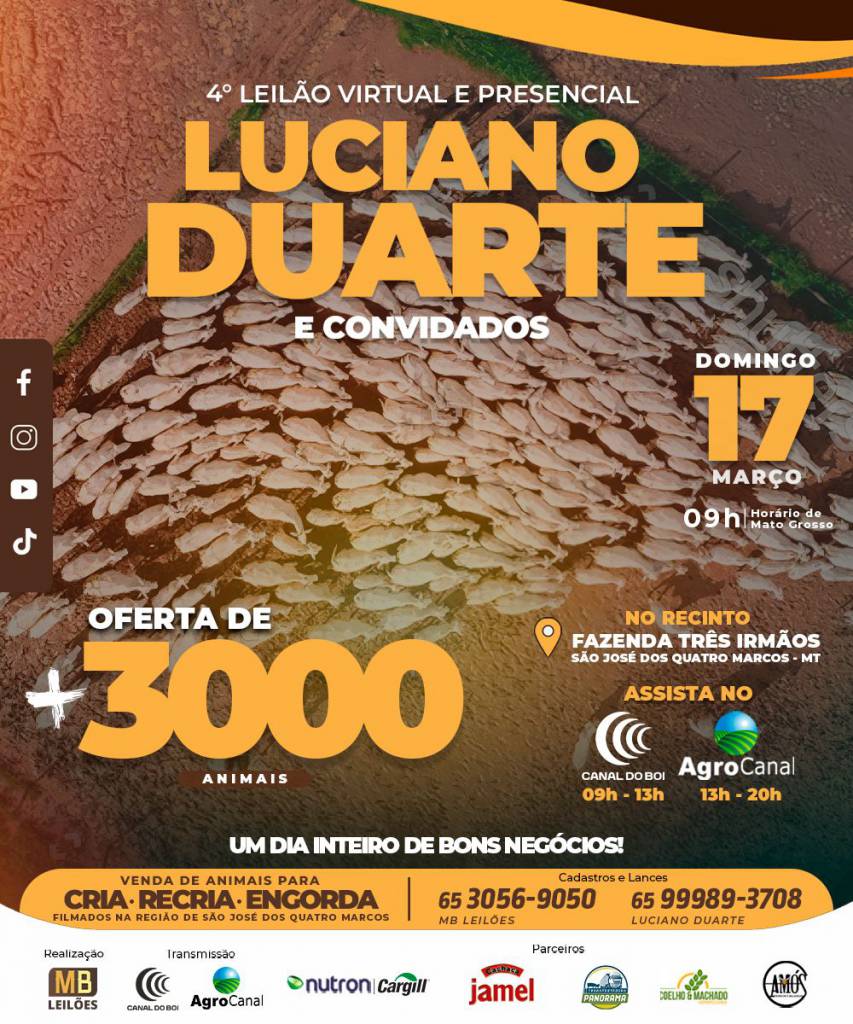 4º Leilão Luciano Duarte e convidados oferta mais de 3.000 animais neste domingo