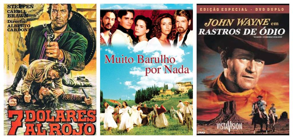 Montagem com três cartazes de filmes que compõem a programação da madrugada do Agro Canal. À esquerda, o faroeste "7 Dólares Ensanguentados", com um pistoleiro apontando um revólver enquanto segura um homem caído. Ao centro, o filme "Muito Barulho por Nada", mostrando um grupo de personagens vestidos com trajes de época diante de uma paisagem campestre italiana. À direita, o clássico "Rastros de Ódio", com o rosto de John Wayne em destaque sobre um cenário do Velho Oeste ao pôr do sol, enquanto cavaleiros cruzam o deserto ao fundo.