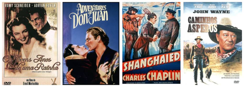 Montagem com quatro cartazes de filmes exibidos na Sessão de Cinema do Agro Canal. Da esquerda para a direita: "Os Jovens Anos de uma Rainha", com um casal em destaque em um pôster de estilo clássico; "As Aventuras de Don Juan", mostrando um casal prestes a se beijar; "Chaplin: Xangai", com Charlie Chaplin em uma cena cômica a bordo de um navio; e "Caminhos Ásperos", faroeste estrelado por John Wayne, retratado com chapéu de cowboy em uma paisagem do Oeste americano.