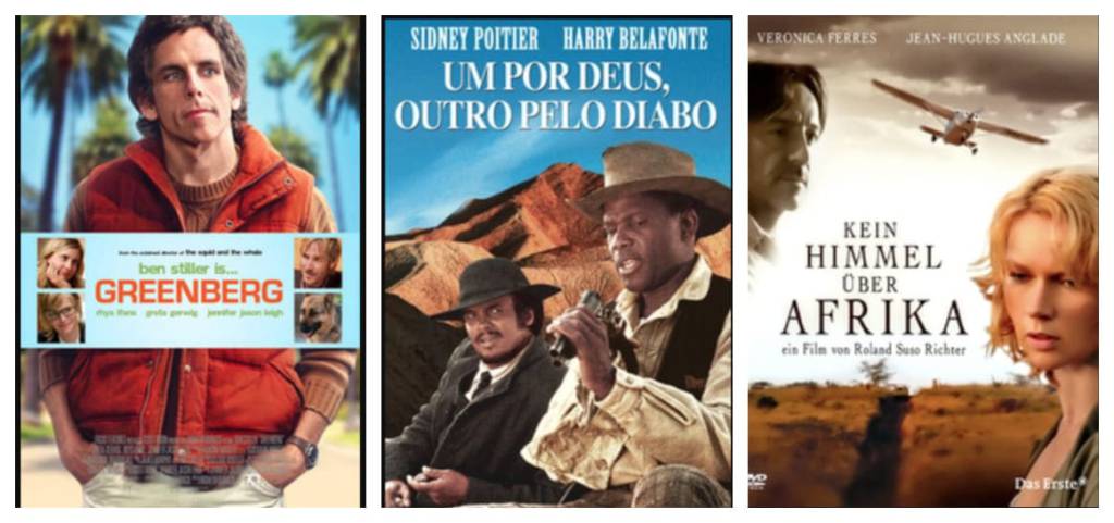 Montagem com três cartazes de filmes lado a lado. Da esquerda para a direita: o primeiro é "Greenberg", mostrando o ator Ben Stiller com um colete vermelho; o segundo é "Um por Deus, Outro pelo Diabo", com dois homens (Sidney Poitier e Harry Belafonte) em um cenário árido; o terceiro é "Kein Himmel über Afrika", mostrando uma mulher em primeiro plano e um avião sobrevoando uma savana ao fundo.