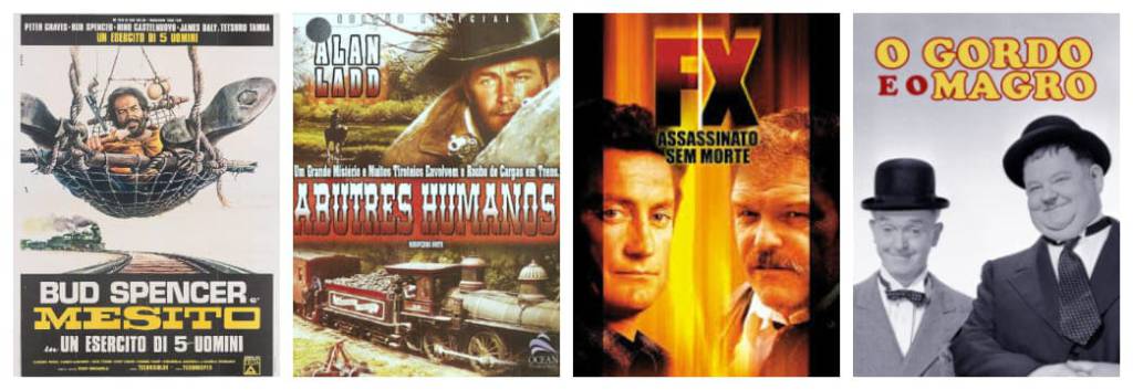 Montagem com quatro cartazes de filmes lado a lado. Da esquerda para a direita: o primeiro é "Mesito", mostrando um homem deitado em uma rede e um trem ao fundo; o segundo é "Abutres Humanos", com o rosto de um caubói empunhando uma arma e um trem a vapor abaixo; o terceiro é "F/X - Assassinato Sem Morte", destacando o rosto de dois homens divididos por um feixe de luz; o quarto é "O Gordo e o Magro", mostrando a clássica dupla de comediantes sorrindo, vestidos de terno, gravata e chapéu-coco.