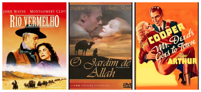 Montagem com os cartazes dos filmes "Rio Vermelho", "O Jardim de Allah" e "O Galante Mr. Deeds". O primeiro mostra um cowboy ao lado de uma mulher diante de uma paisagem desértica. O segundo destaca um casal em cena romântica no deserto. O terceiro apresenta um homem sorridente carregando uma mulher, em pôster com tons alaranjados.