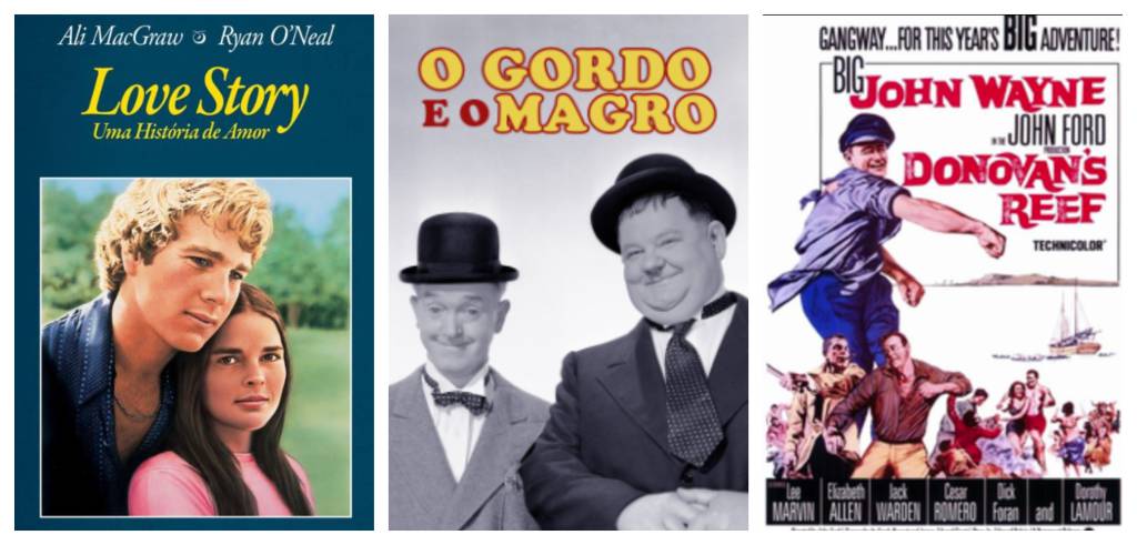 Montagem com os cartazes das atrações da madrugada do Canal do Boi. À esquerda, o pôster de "Love Story: Uma História de Amor", com um jovem casal abraçado. Ao centro, imagem promocional da dupla humorística "O Gordo e o Magro", em preto e branco. À direita, o cartaz de "O Aventureiro do Pacífico" ("Donovan's Reef"), com John Wayne em destaque e ilustrações de cenas ambientadas em uma ilha tropical.