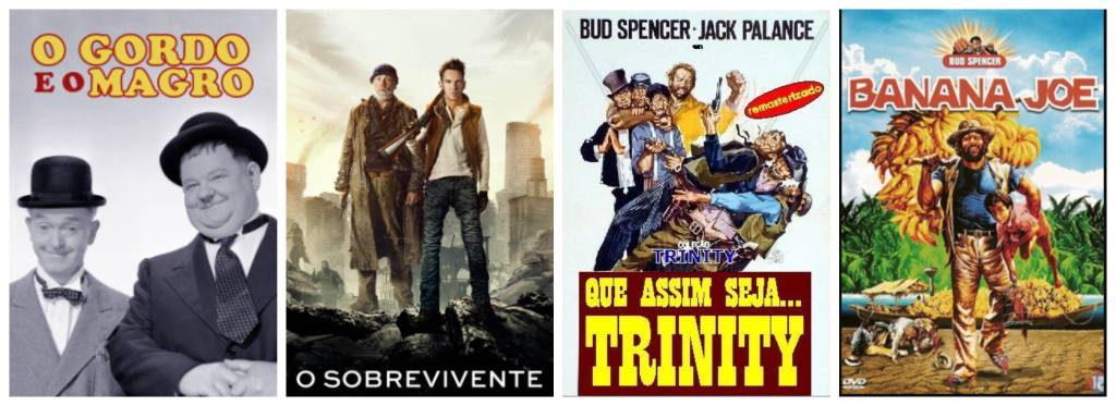 Montagem com os cartazes dos filmes exibidos na Sessão de Cinema do Canal do Boi. A imagem reúne os pôsteres de "O Gordo e o Magro – Procura-se um Marido", com a clássica dupla de comediantes; "O Sobrevivente", filme de ação ambientado em um futuro distópico; "Que Assim Seja, Trinity", comédia faroeste estrelada por Bud Spencer e Jack Palance; e "Banana Joe", aventura cômica protagonizada por Bud Spencer.