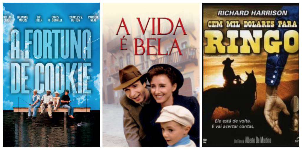 Montagem com três cartazes de filmes da Sessão de Cinema do Canal do Boi. À esquerda, "A Fortuna de Cookie", com personagens sentados em um píer sobre um lago e o título em letras grandes azuis. Ao centro, "A Vida é Bela", mostrando uma família sorridente em uma rua italiana. À direita, "Cem Mil Dólares para Ringo", com a silhueta de um cavaleiro ao pôr do sol e elementos típicos dos filmes de faroeste.
