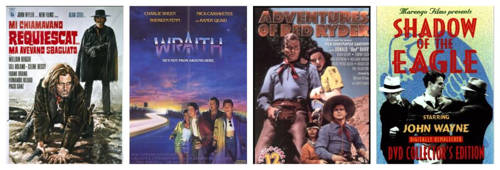 Montagem com quatro cartazes de filmes. Da esquerda para a direita: um faroeste com homem ajoelhado armado e figura encapuzada ao fundo; um filme de ação e ficção científica com jovens diante de uma estrada iluminada ao entardecer; uma aventura de faroeste com cowboy, mulher e criança; e um cartaz vintage de suspense mostrando três homens em um confronto.