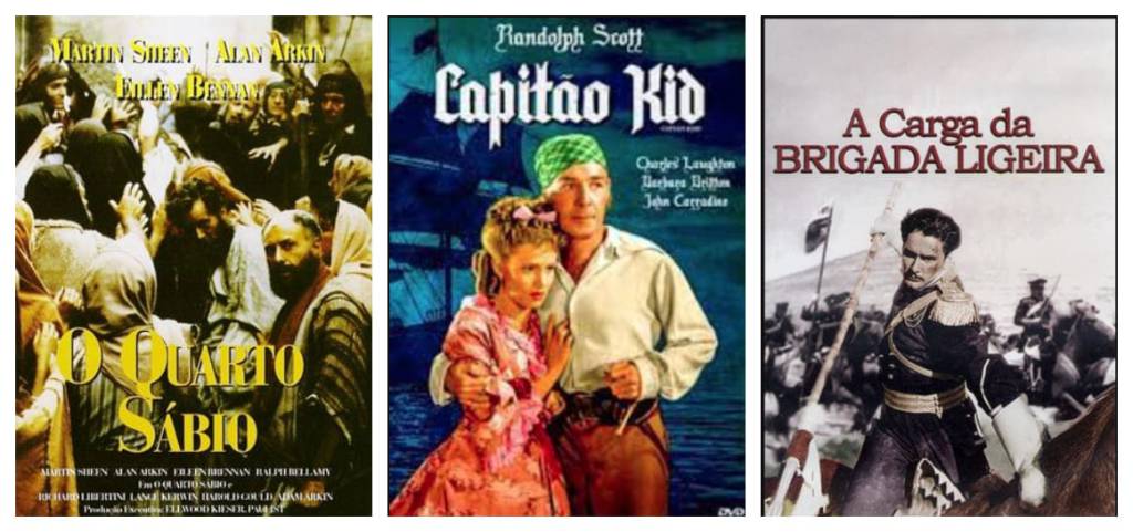 Montagem de três pôsteres de filmes antigos. À esquerda, o pôster de O Quarto Sábio, mostrando pessoas com vestes bíblicas em tons terrosos. No centro, o pôster de Capitão Kid, com um homem segurando uma mulher, ambos vestidos com roupas de época, sobre um fundo de navio e mar. À direita, o pôster de A Carga da Brigada Ligeira, mostrando um oficial militar montado a cavalo, empunhando uma lança, com soldados e cavalos ao fundo.